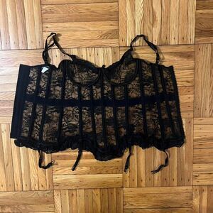 Black Lace Boned Corset with Garter Straps | Gothic Burlesque